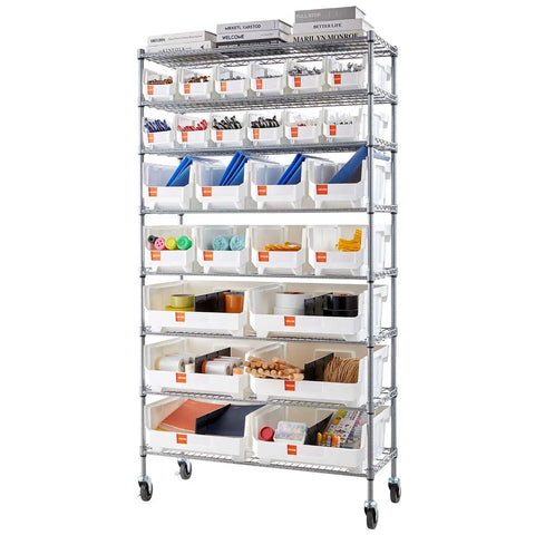 Eight Tier Rolling Storage Rack Featuring Twenty Six Modular Parts Bins Heavy Duty Steel Wire Shelving Cart With Smooth Locking Wheels For Pro Shop Space Zero Fuss Setup And Quick Label Slots