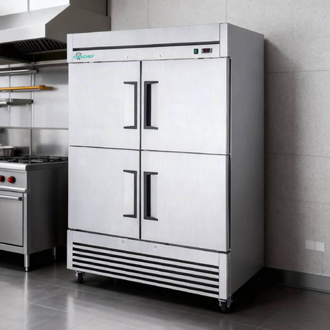 Top Shelf Heavy Duty Commercial Upright Freezer With Four Solid Doors And Slick Stainless Steel Construction 44.5 Cu Ft Reach In Rig For Restaurants Bars Or Garages Ice Cold Fan Cooling Setup in a kitchen setting.