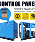 Beast Heavy Duty 40HP 30KW Rotary Screw Air Compressor With Refrigerated Dryer VSD Drive 185 CFM At 125 PSI 220V 3 Phase Industrial Air System All In One For Clean Dry Air On Tough Jobs control panel and blue cabinet