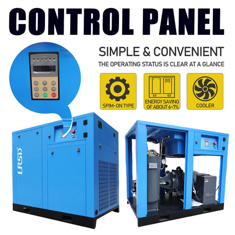 Beast Heavy Duty 40HP 30KW Rotary Screw Air Compressor With Refrigerated Dryer VSD Drive 185 CFM At 125 PSI 220V 3 Phase Industrial Air System All In One For Clean Dry Air On Tough Jobs control panel and blue cabinet