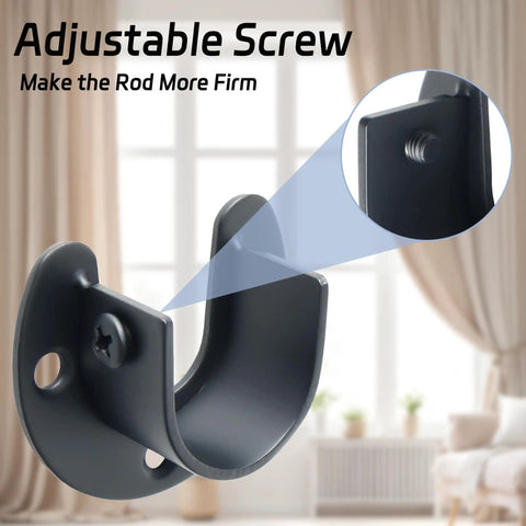 Four Pack U Shaped Closet Rod Brackets 1 Inch Versatile Wardrobe Rod Holders For Closet Curtains Heavy Duty Mounting Hardware No Fuss Install Adjustable Depth 0.9 To 2.2 Inches Fits 26 Mm Opening Diameter, black steel bracket close-up