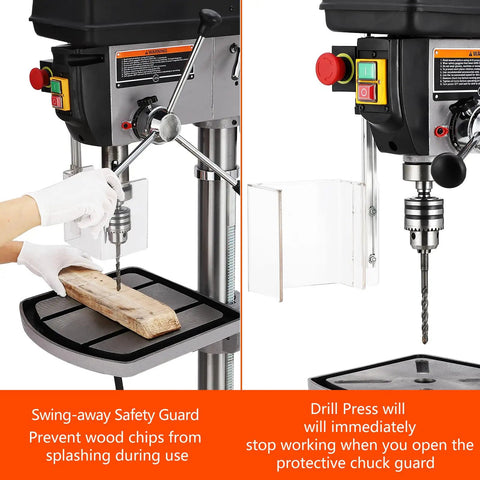 Beefy 17 Inch Floor Drill Press With Swing Away Safety Guard 12 Amp 120V Pure Copper Motor Variable Speed 200 To 3630 RPM shown with wood piece