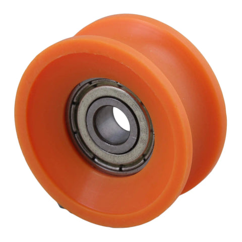 Top Shelf 4 Piece U Groove Pom Pulley Pack Featuring A Clean 6 mm Bore And 30 mm Rim Built Tough For 79 Kg Load Capacity And Slick Fast Spin On Any Hardworking DIY Assembly Project. Close-up of orange POM pulley with steel bearings.