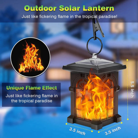 Solar Hanging Lantern With Flickering Flame, IP65 Waterproof Outdoor Garden Lights, yellow lantern with flame effect.