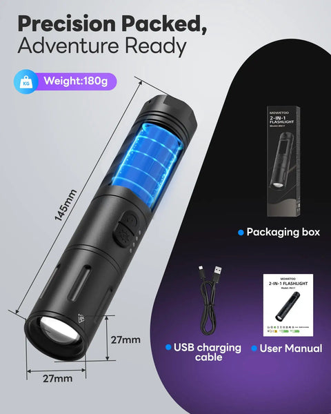 Rechargeable 2-in-1 UV and White Light Flashlight With 395nm UV Black Light Waterproof Zoomable Beam shown with packaging and USB cable.