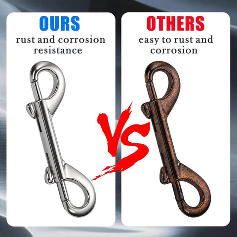 Comparison of silver zinc alloy and rusty double-ended snap hooks emphasizing rust resistance for Eight Pack Heavy Duty Double Ended Snap Hooks In Silver Zinc Alloy With Trigger Clips For Dog Leashes Key Rings Water Buckets Carabiners Home And Farm Use Indoor And Outdoor Rust Resistant And High Strength.