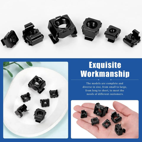 Heavy Duty Black Snap In Cage Nuts M4 Through M12 Carbon Steel Rack Mount Kit 84 Pieces displayed on a plate.