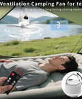 Ultra Portable Camping Fan With 10400mAh Battery, USB Rechargeable Tent Fan with Remote and LED Light in use inside tent