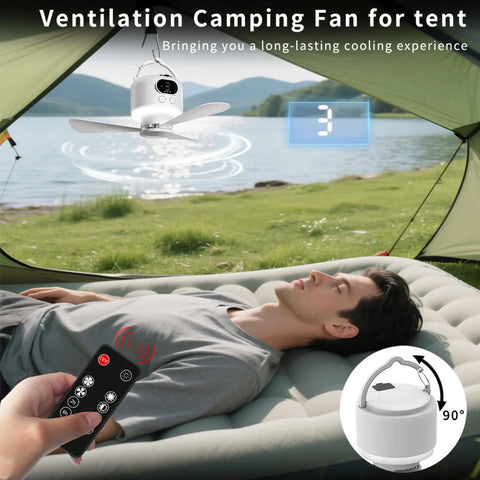 Ultra Portable Camping Fan With 10400mAh Battery, USB Rechargeable Tent Fan with Remote and LED Light in use inside tent