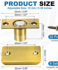 Magnetic Door Ball Catch 8 Pack For Top Of Doors And Invisible Cabinets with brass finish, shown with dimensions and screws