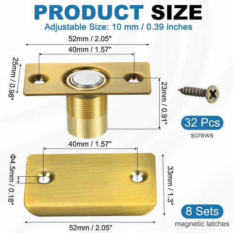 Magnetic Door Ball Catch 8 Pack For Top Of Doors And Invisible Cabinets with brass finish, shown with dimensions and screws