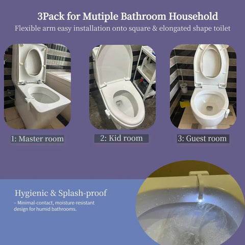 3 Pack Toilet Night Lights With Motion Sensor, 16 Color LED Inside Bowl Glow, flexible arm, master, kid, and guest room toilets