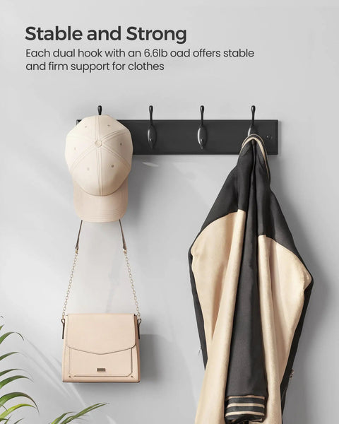 Black Finish Wall Mounted Coat Rack With Dual Metal Hooks Holds Coats Bags Keys In Entryway Bedroom Or Living Room 6.6 Lb Per Hook Load Capacity showing hats and coat