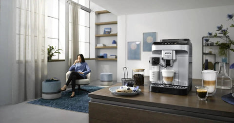 Automatic Espresso And Cappuccino Coffee Machine With Smooth Latte Crema System One Touch Brew Options Conical Burr Grinder And 13 Adjustable Settings For Killer Daily Sips In Sleek Chrome on kitchen countertop with brewed drinks.