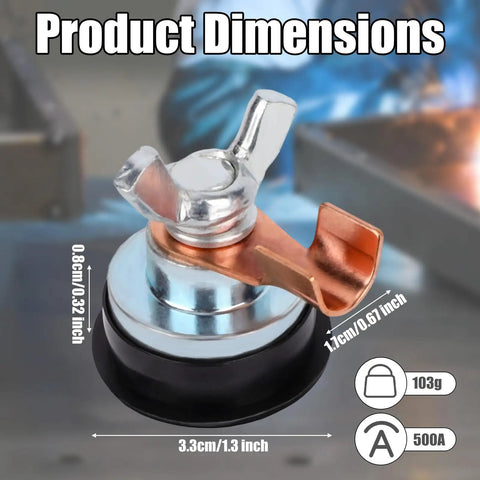 Pro Grade Magnetic Grounding Welding Clamp With Adjustable Magnet, showing copper and iron parts with suction attachment