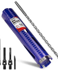 2 Inch Pro Dry Core Drill Bit Set With Pilot Bit And Three Adapters For SDS Plus SDS Max And One Half Hex 9 Point 5 Inch Depth Welded Blade Core Bits For Concrete With Rebar Masonry Brick And Mortar, showing blue core bit and adapters.