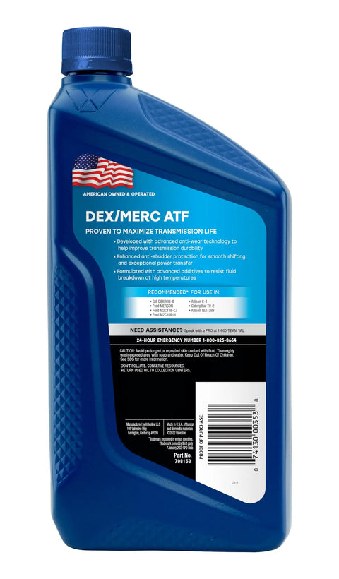 Bottle of DEX MERC ATF Automatic Transmission Fluid 1 Quart Case Of 6 with anti-wear and anti-shudder features visible