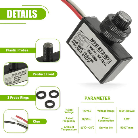 Outdoor 105V To 130V AC Photocell Light Sensor Switch For Dusk To Dawn Auto Lighting with probe details and specifications