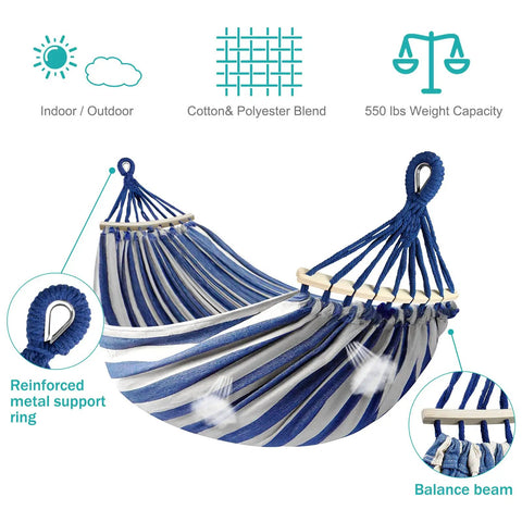 Built Tough Portable Camping Hammock With 550Lb Capacity, Thick 320G Canvas, blue and white with balance beam detail