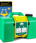 Heavy Duty Portable Eye Wash Station Featuring Eight Gallon Tank For Rapid Emergency Care with yellow lid and instructions.