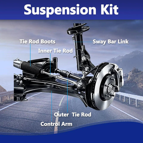 Front Suspension Lower Control Arm Set Of 12 With Ball Joint Bushings Front And Rear Stabilizer Sway Bar Link Tie Rod Boot Assembly Replacement For Nissan Maxima 2009 2010 2011 2012 2013 2014 K622059 K622054, showing labeled parts on a road background.
