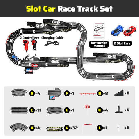High Speed Dual Racing Track Set For Kids Aged 6 To 12 With Two Fast 1 To 64 Scale Cars, Plug In Or Battery Powered