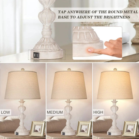 Coastal Farmhouse Table Lamps Set Of 2 With Touch Control Go To 3 Way Dimmable Bedside Lights With USB Ports Washed White