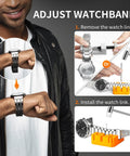 Person adjusting watch strap using All In One Watch Repair Kit Pro Grade Gear For Battery Swaps Strap Adjustments Case Opener And Back Cover Link Remover Bracelet Resizing Pin Removal Screwdrivers And Spring Bar Set For Quick Easy Alterations