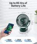 Camping Fan With Remote Control And 12000mAh Battery LED Light Hanging Hook Rechargeable Battery Operated Tent RV Fan For Bed Or Camp Three Quiet Speed Settings Portable Battery Powered Ceiling Style Fan Green shown with 65-hour battery life and phone charging