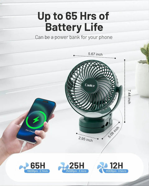 Camping Fan With Remote Control And 12000mAh Battery LED Light Hanging Hook Rechargeable Battery Operated Tent RV Fan For Bed Or Camp Three Quiet Speed Settings Portable Battery Powered Ceiling Style Fan Green shown with 65-hour battery life and phone charging
