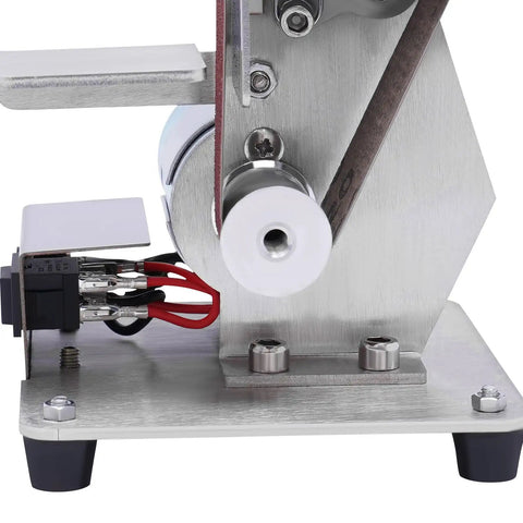 Close-up of the motor and belt mechanism of the Rock Solid Mini Belt Sander With Seven Adjustable Speeds for smooth wood finishing.