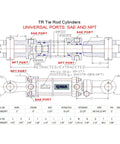 TR tie rod hydraulic cylinder, 3-in bore, 6-in stroke, 1.25-in rod, 2500 PSI, SAE 8 and 1/2 NPT ports, CWA Hydraulics