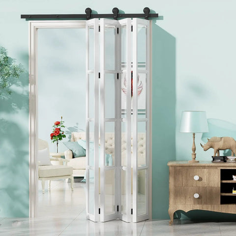 84 Inch Bi Folding Barn Door Hardware Track Kit For Four Panels, Accordion Style, Space Saving And Smooth Operation, Heavy Duty Sliding Door Kit, Easy Install, Door Not Included