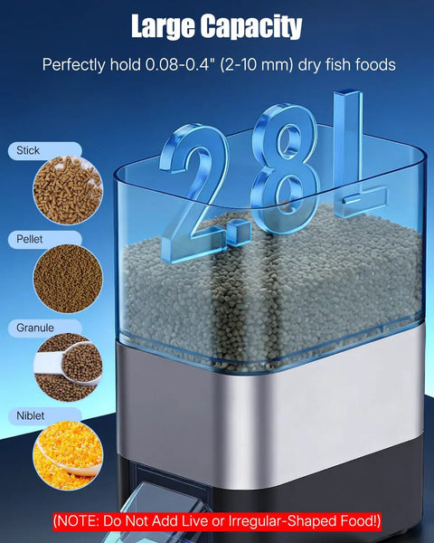 Top Shelf Automatic Pond Fish Feeder With Large Capacity And Adjustable Timer, moisture-proof container showing 2.8L measurement.