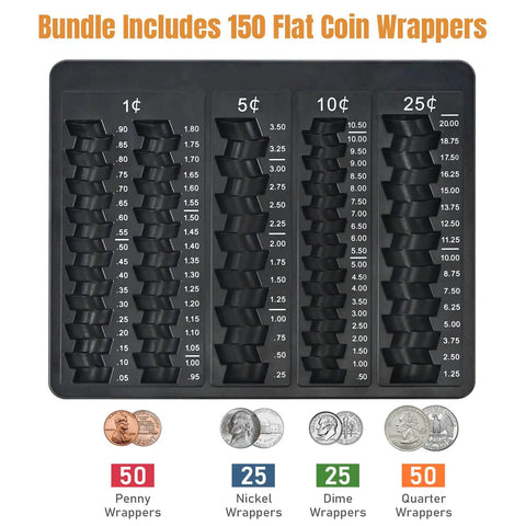 Pro Grade Black Coin Counter Tray For Quick Change Count And Sort 5 Compartment Organizer With 150 Assorted Coin Wrappers Included