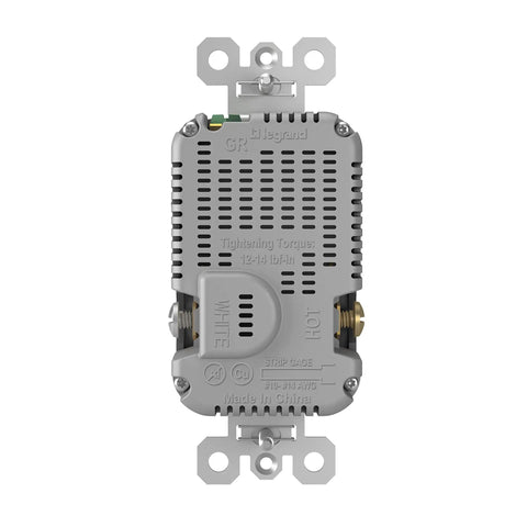 Back view of Heavy-Duty 20 Amp Tamper-Resistant Decorator Duplex Receptacle Outlet with mounting brackets visible.