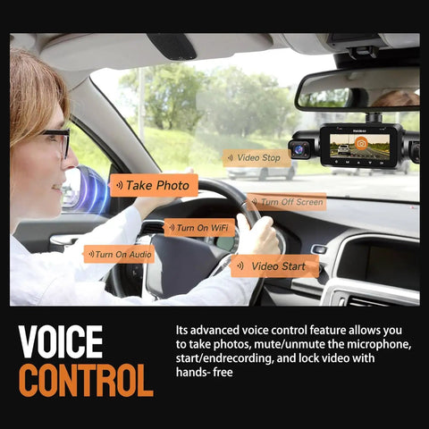 Voice control for 360 Degree Dash Cam Front And Rear Inside Car Camera With 4 Channel FHD 1080P And 2K Plus 1080P Rear WiFi GPS.