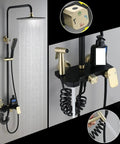 Heavy Duty Wall Mount Shower System With Slick Black Finish Adjustable Rain Head Four Way Mixer Valve Easy Grip Handheld Sprayer And Top Shelf Stainless Steel Bathroom Combo Kit with overhead rain shower and handheld sprayer.