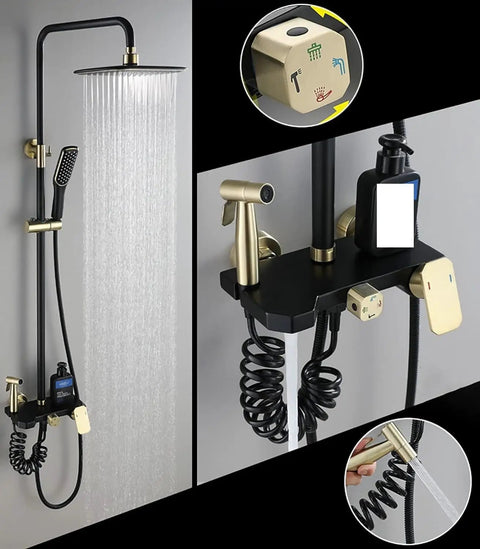 Heavy Duty Wall Mount Shower System With Slick Black Finish Adjustable Rain Head Four Way Mixer Valve Easy Grip Handheld Sprayer And Top Shelf Stainless Steel Bathroom Combo Kit with overhead rain shower and handheld sprayer.