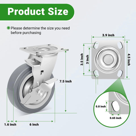 6 Inch Heavy Duty Caster Wheels Industrial Grade Thermoplastic Rubber With Brake 4500 Lbs Capacity Ball Bearing Plate Swivel Castors Set Of 4 For Equipment And Industrial Carts Medical Applications with size dimensions