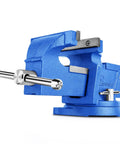Beefy 6 Inch Bench Vise With Swivel Base And Anvil, Ductile Iron Construction, 5 Inch Jaw Opening, blue powder-coated finish