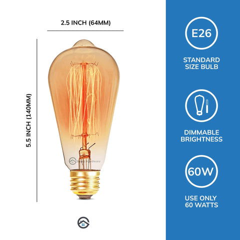 Dimmable Edison Style ST64 Amber Glass Filament Bulbs, 2700K Warm Glow, 60W 110V, E26 Base illustrated with dimensions
