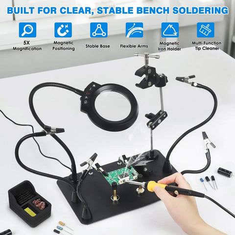 Magnetic Helping Hands Soldering Station With 5X LED Magnifying Lamp 6 Flexible Arms 360 Degree Soldering Clamp and Base