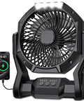 Portable Rechargeable Camping Fan With 20000mAh Battery, LED Light, Built In Power Bank charging a smartphone