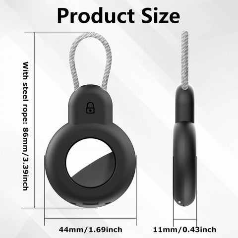 Waterproof Tracker Holder 4 Pack With Steel Cable Lock, size dimensions in millimeters and inches shown, side and front view