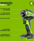 Gnarly 24V Brushless Cordless Impact Driver With Badass 1950 Inch Pound Torque And Fast Swap Hex Collet side view with LED light.