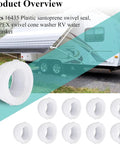 Plastic Santoprene Swivel Seal Kit Easy Install Half Inch PEX For RV Water Lines Includes 10 gasket cones, shown with RV trailer