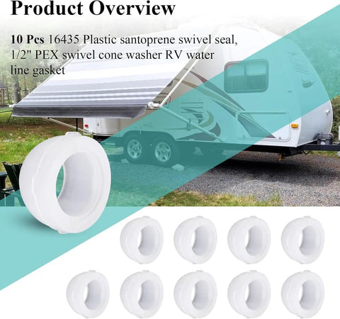 Plastic Santoprene Swivel Seal Kit Easy Install Half Inch PEX For RV Water Lines Includes 10 gasket cones, shown with RV trailer