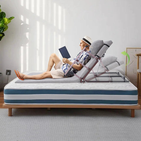 Heavy Duty Electric Bed Backrest With Remote, 661 Pounds Capacity Adjustable Lifting Support Seat, Foldable Armrests And Extender Cushion For Elderly Assistance Rising Sitting Helper Accessory with a man reading in bed.