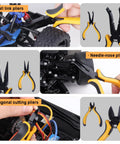 11 in 1 Pro Multi RC Tool Kit Box Set with pliers for RC cars, drones, planes, showing ball link, needle-nose, and diagonal cutting pliers.
